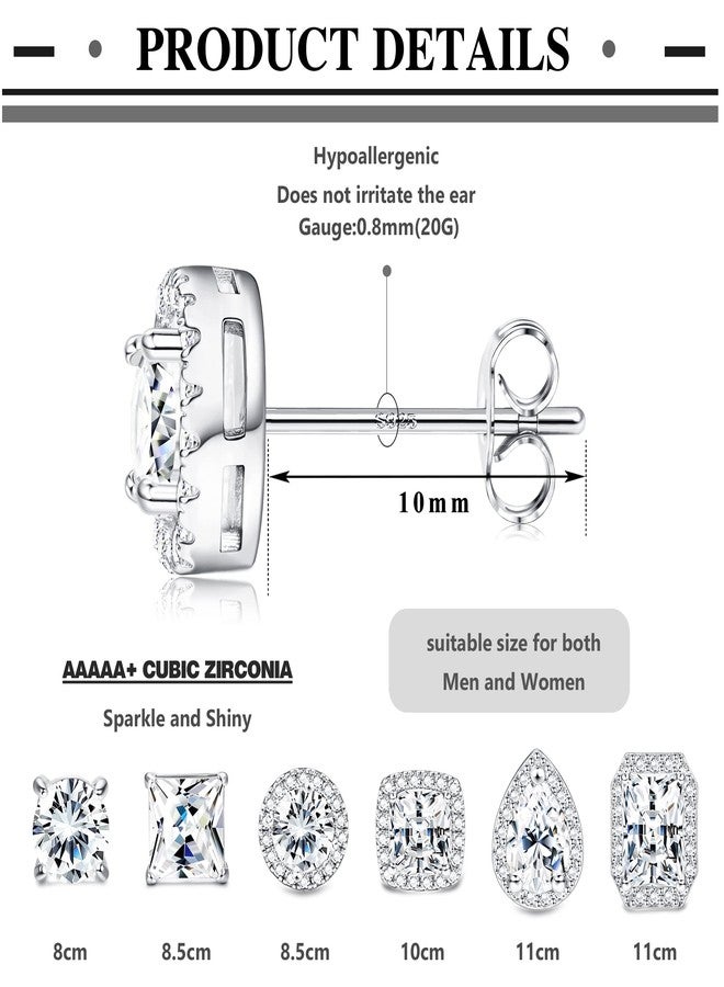 SAILIMUE 6Pairs Stainless Steel Cubic Zirconia Stud Earrings for Women Men 18K White Gold Plated Brilliant Round Square Teardrop Simulated Diamond Halo Stud Earrings CZ Stud Earrings Set - Image 2